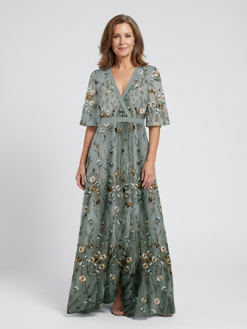 Floral V Neck Short Sleeve Maxi Dress