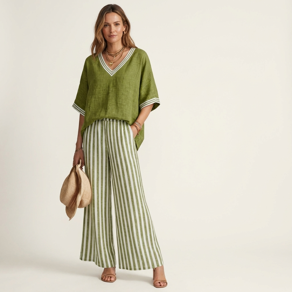 Juliana | V-Neck Varsity Top & Stripe Wide-Leg Set