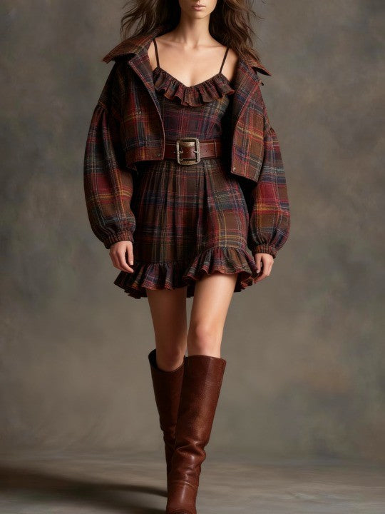 Catherine | Vintage Mini Checkered Dress with Stripes and Oversized Jacket (Includes belt)