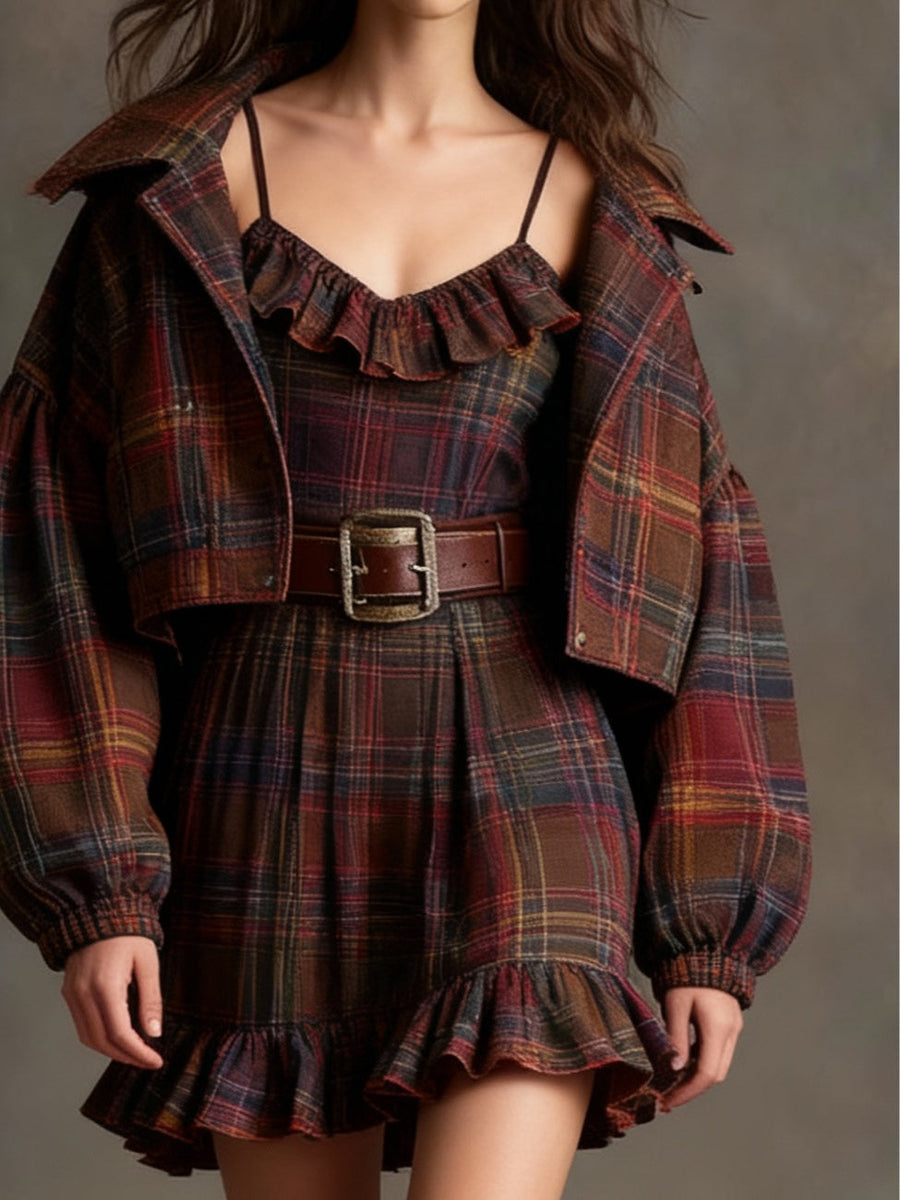Catherine | Vintage Mini Checkered Dress with Stripes and Oversized Jacket (Includes belt)