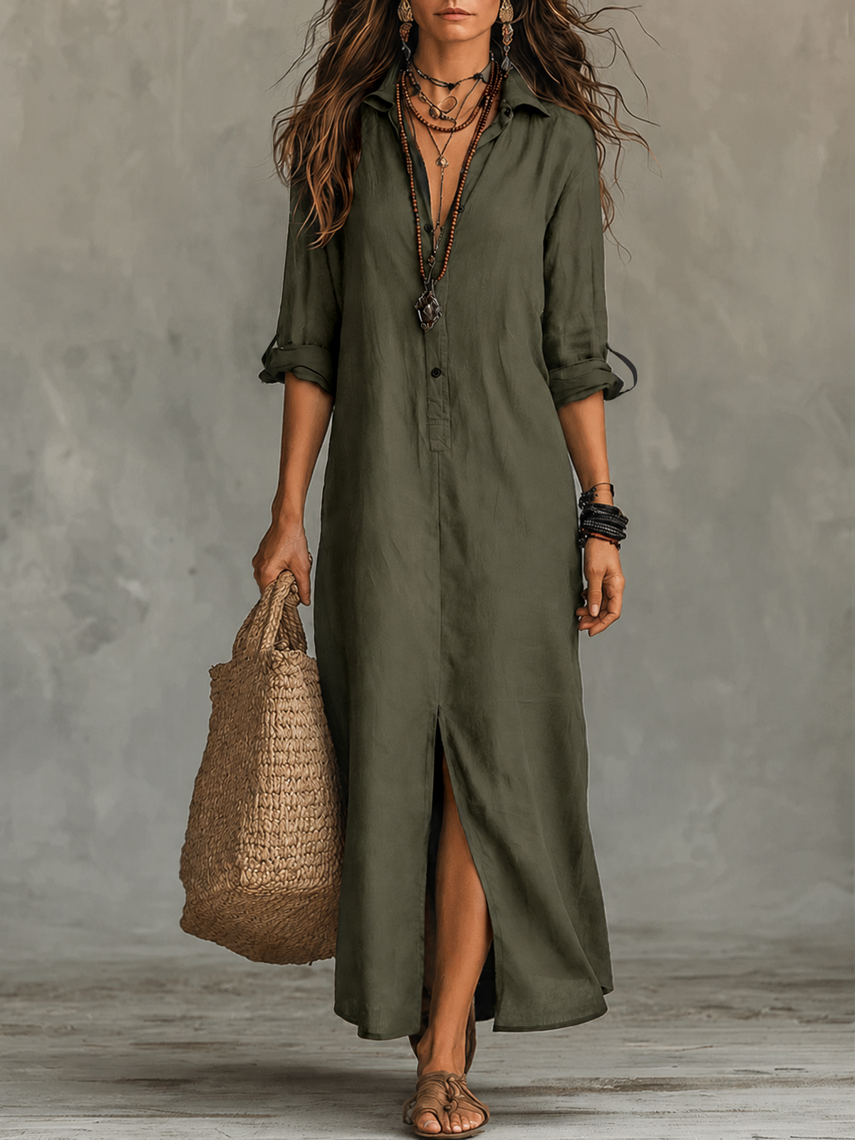 Button-Front Bohemian Shirt Maxi Dress