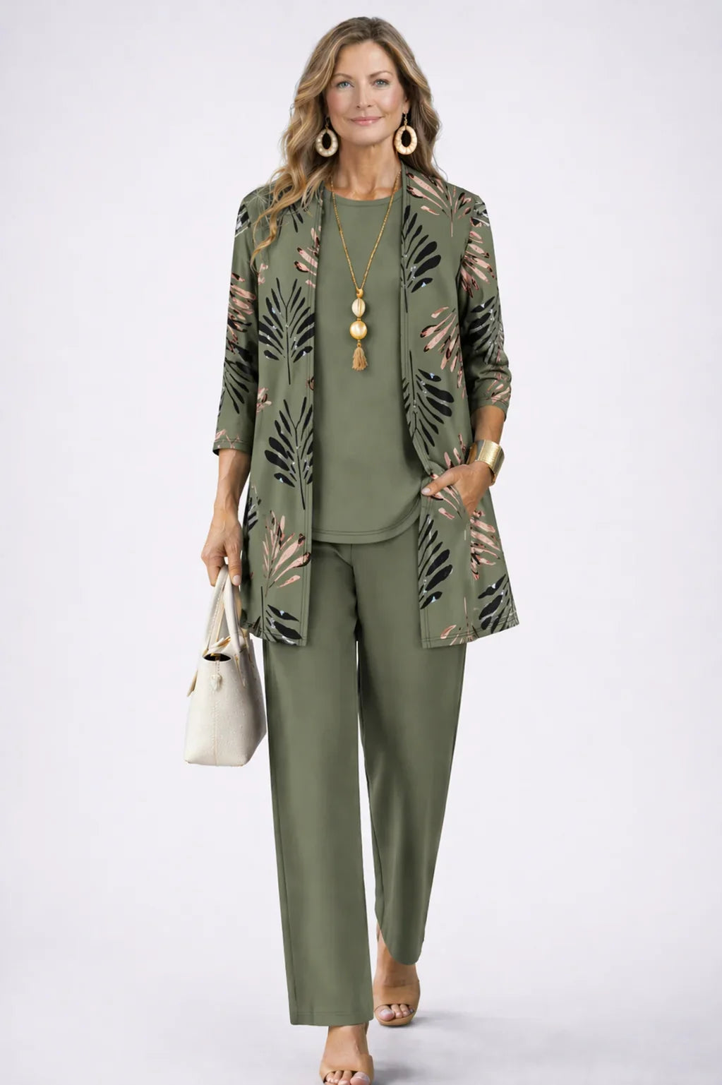 Shirley - Leaf-Print Three-Piece Pant Set