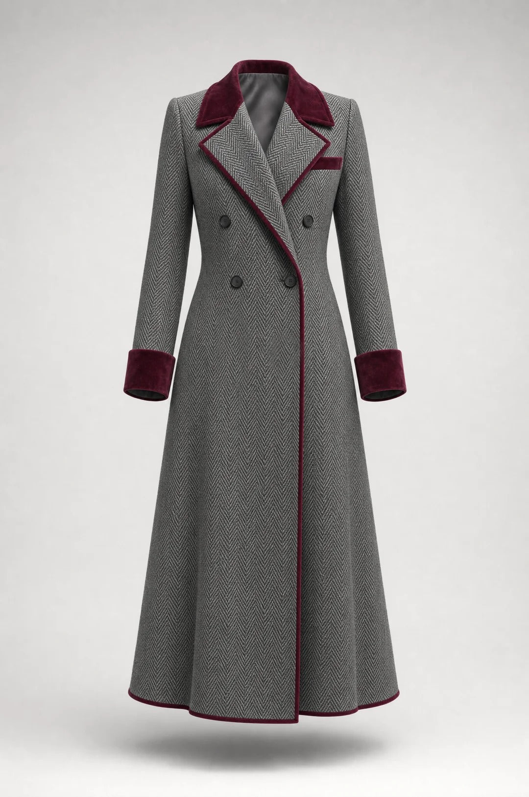 Vivienne – Long Herringbone Contrast-Trim Coat