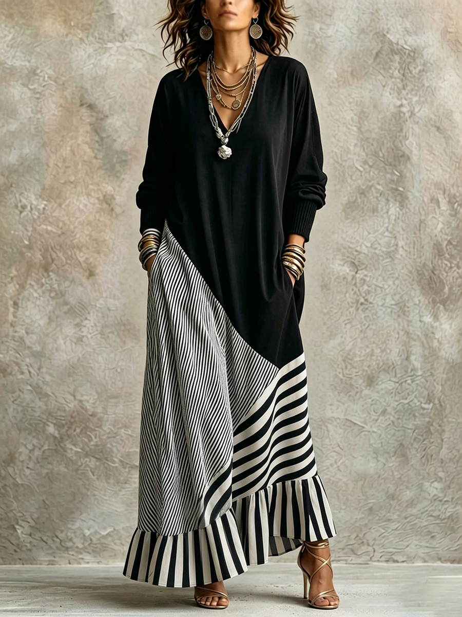 Lorraine – Asymmetrical Stripe Maxi Dress