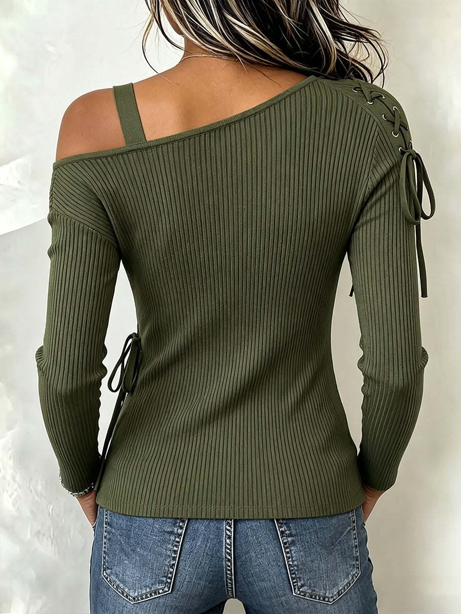 Elena – Ribbed Cold-Shoulder Knit Top