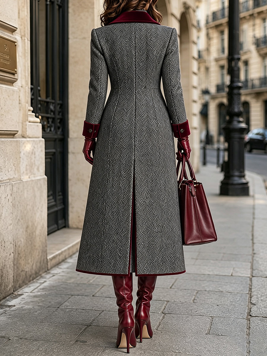 Vivienne – Long Herringbone Contrast-Trim Coat