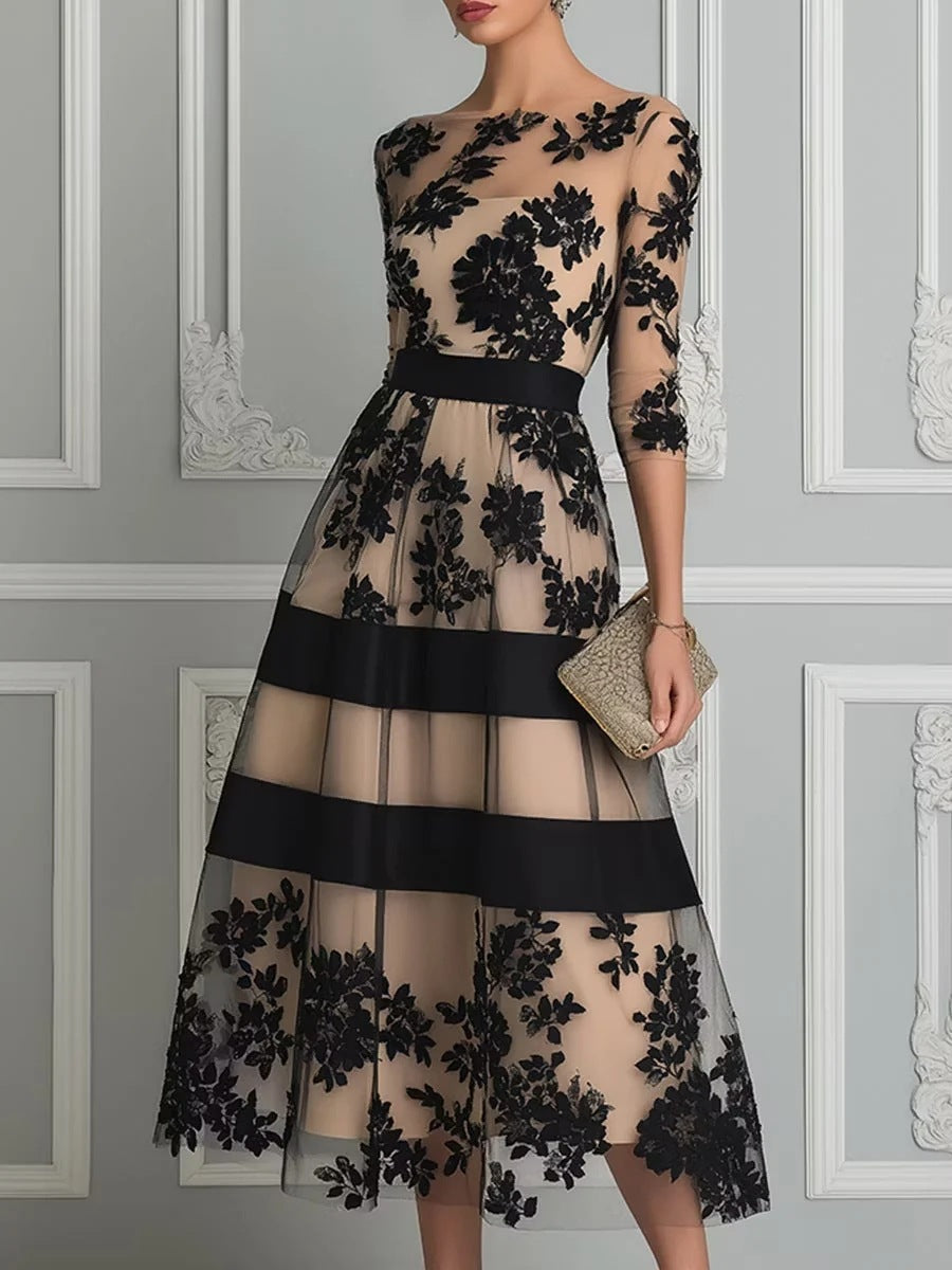 Adeline – Floral Lace Mesh Midi Dress
