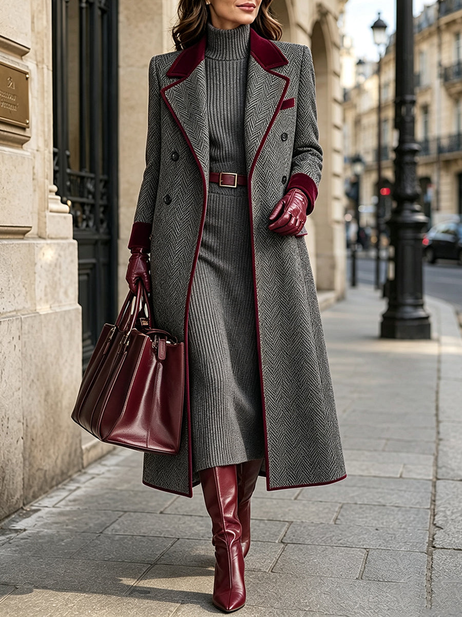 Vivienne – Long Herringbone Contrast-Trim Coat