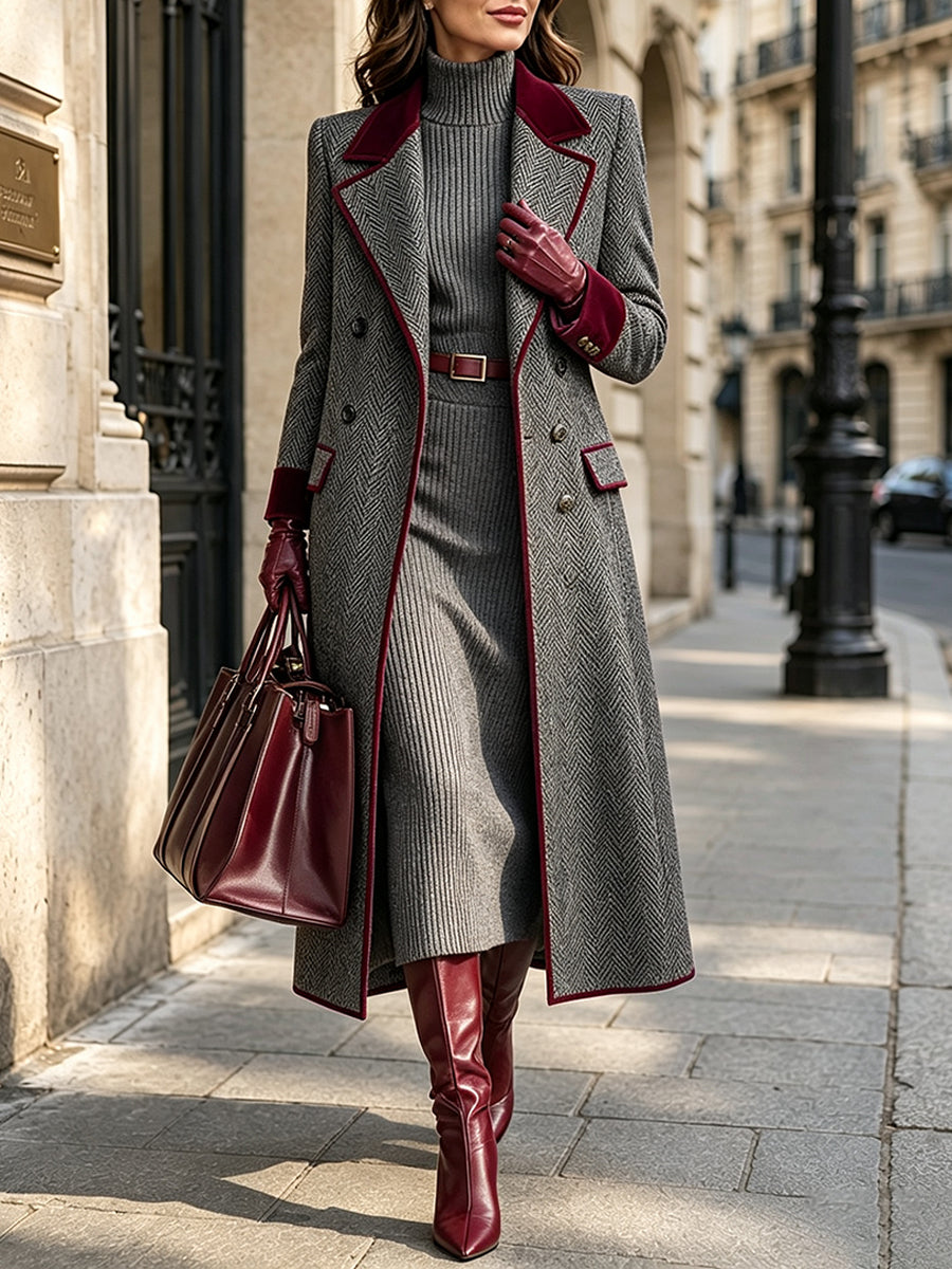 Vivienne – Long Herringbone Contrast-Trim Coat