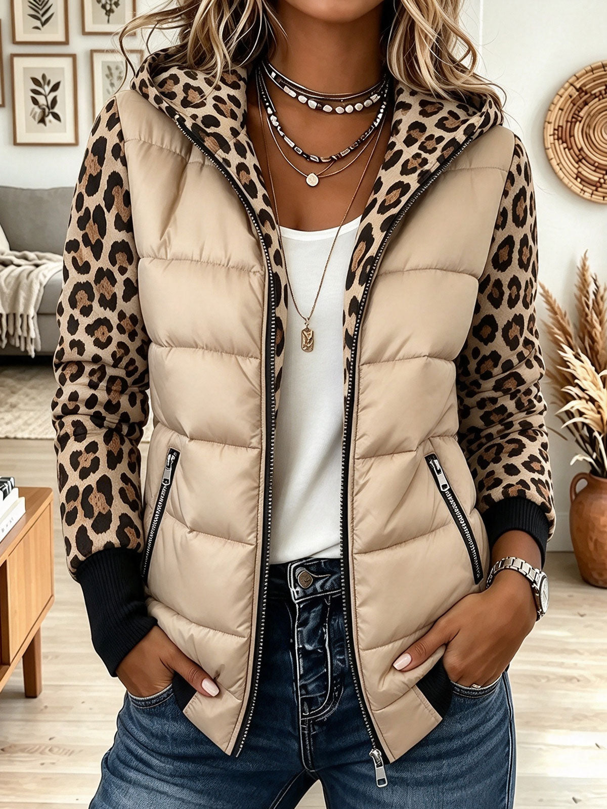 Leona – Leopard-Trim Quilted Puffer Jacket