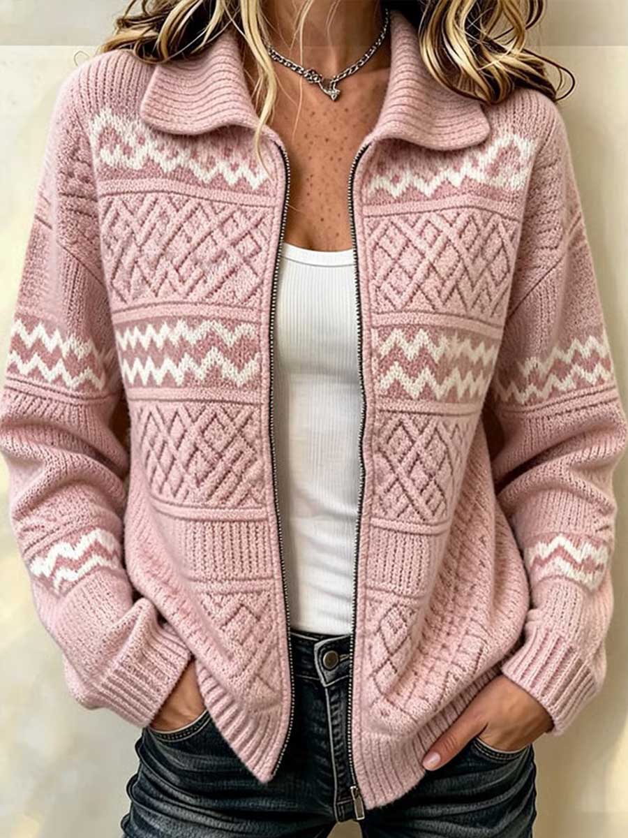 Elara – Geometric Zip-Up Knit Cardiga