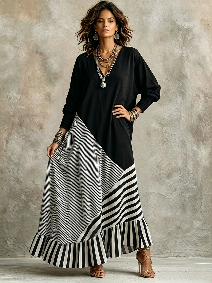 Lorraine – Asymmetrical Stripe Maxi Dress