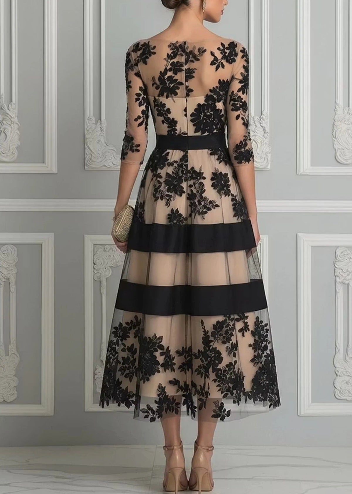 Adeline – Floral Lace Mesh Midi Dress