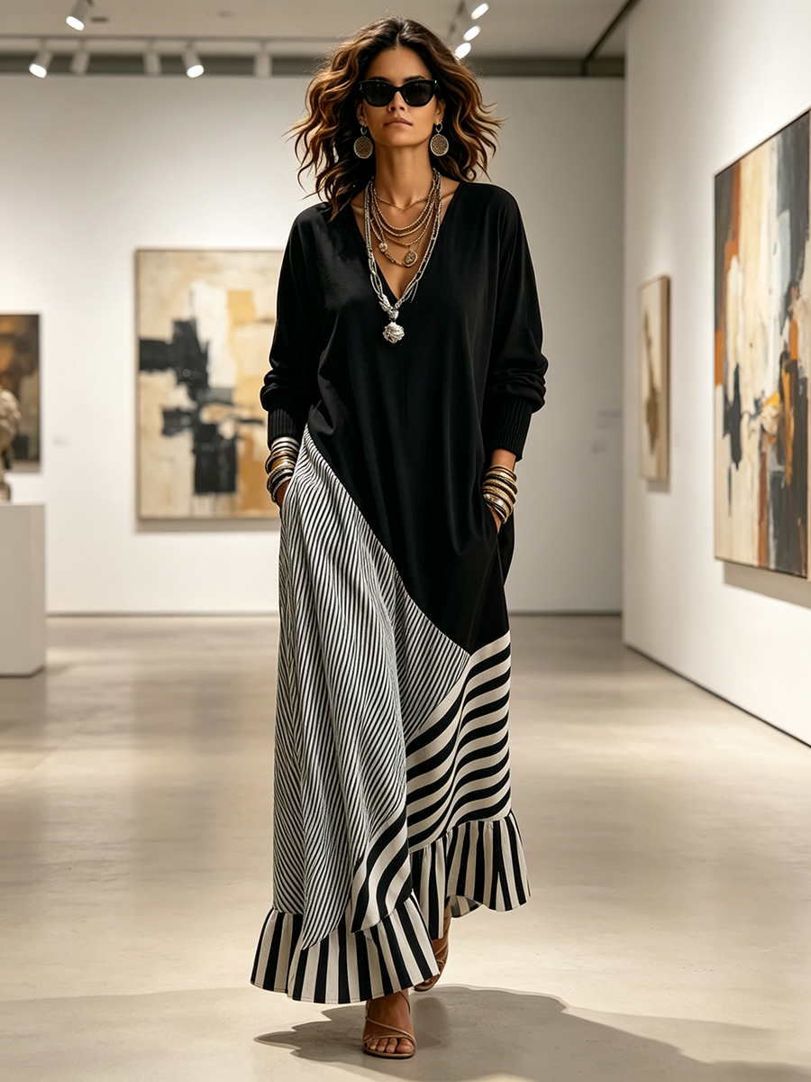 Lorraine – Asymmetrical Stripe Maxi Dress