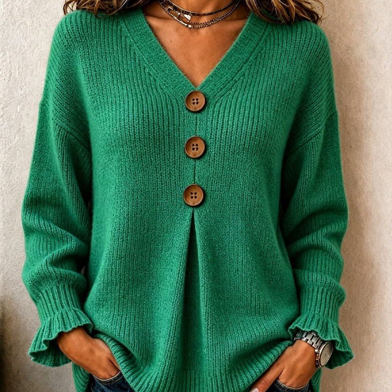 Clara – Relaxed V-Neck Button Knit Sweater