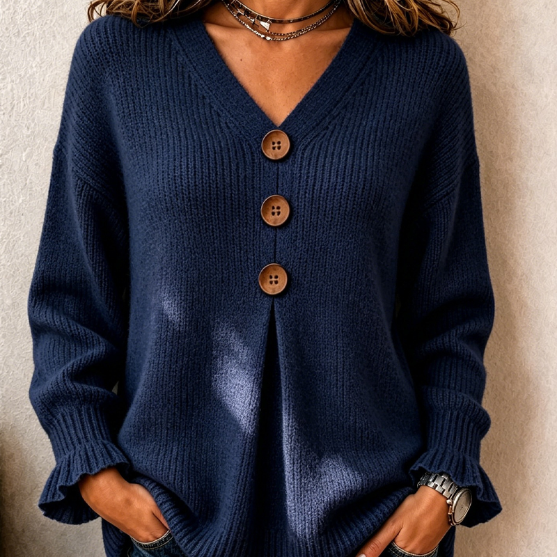 Clara – Relaxed V-Neck Button Knit Sweater