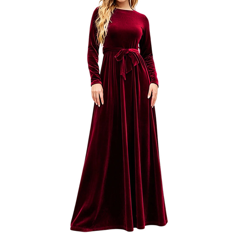 Vivienne – Elegant Velvet Belted Maxi Dress