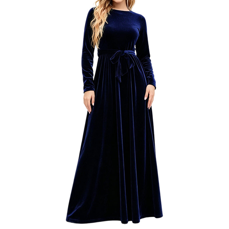 Vivienne – Elegant Velvet Belted Maxi Dress
