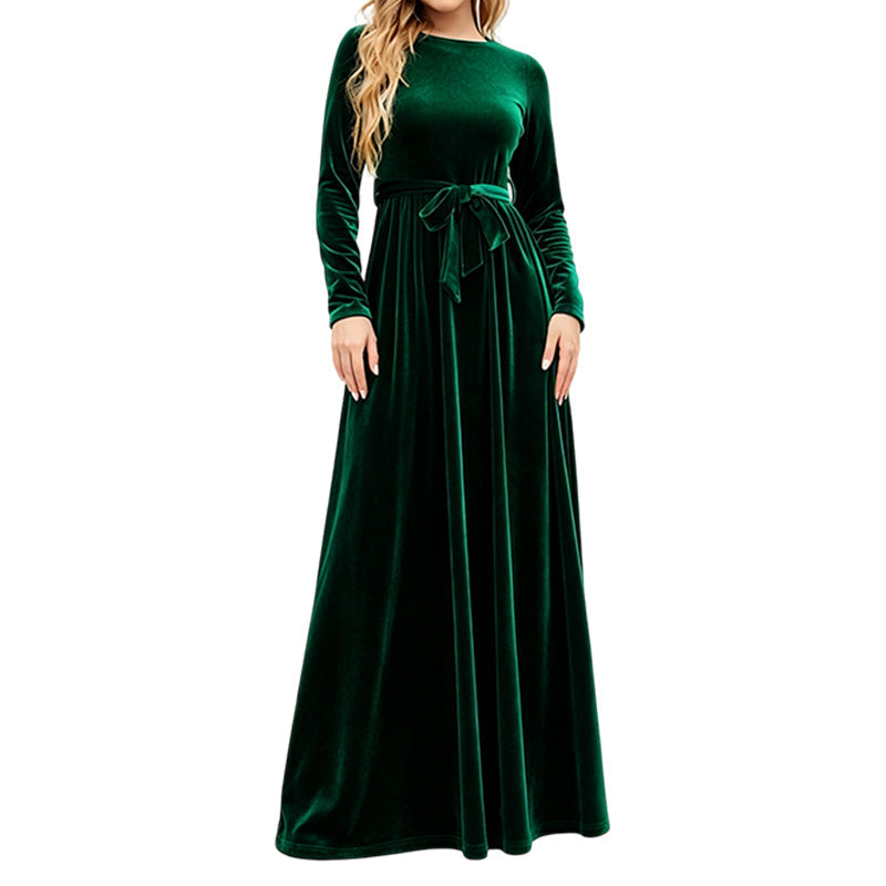 Vivienne – Elegant Velvet Belted Maxi Dress