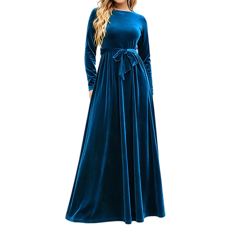 Vivienne – Elegant Velvet Belted Maxi Dress