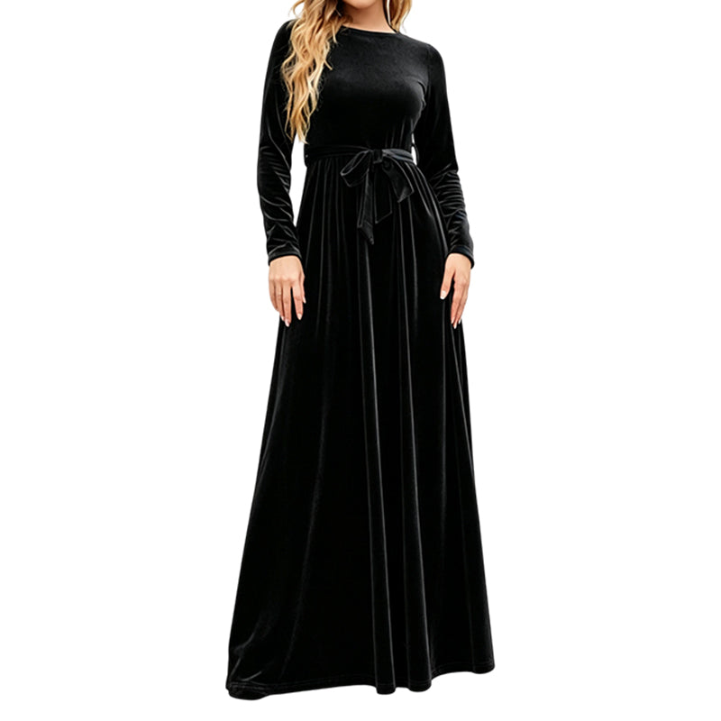 Vivienne – Elegant Velvet Belted Maxi Dress