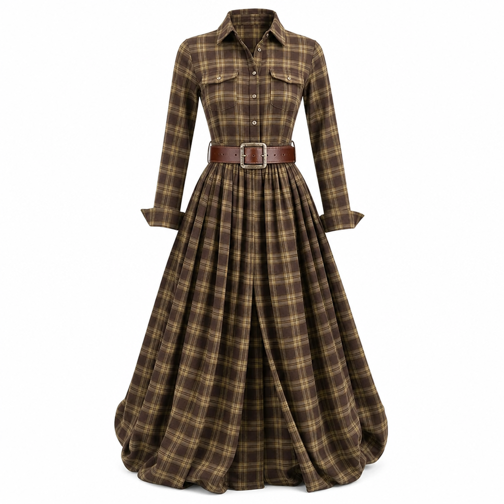 ✨ Cinched Waist, French-Inspired Plaid | Women's Pleated A-Line Dress ⚡ Free Shipping