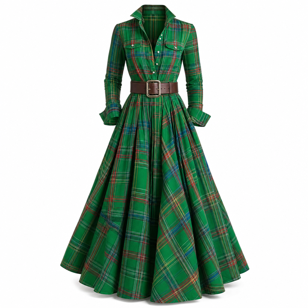 ✨ Cinched Waist, French-Inspired Plaid | Women's Pleated A-Line Dress ⚡ Free Shipping